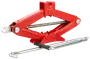 Rød sakseløfte donkraft med metalhåndtag. Robust stålkonstruktion, gevindspindel og kompakt design til nem løftning af køretøjer og dækskift.