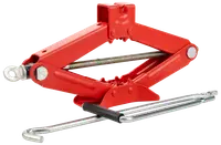 Röd saxdomkraft med metallvev. Stabil stålkonstruktion, gängad lyftskruv och kompakt design för enkel lyftning av fordon och däckbyte.