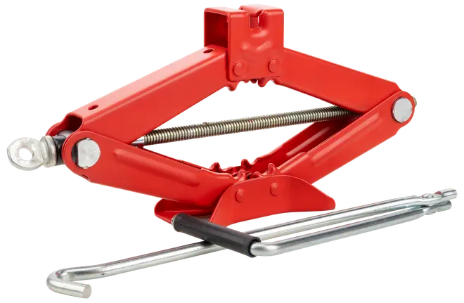 Rød sakseløfte donkraft med metalhåndtag. Robust stålkonstruktion, gevindspindel og kompakt design til nem løftning af køretøjer og dækskift.