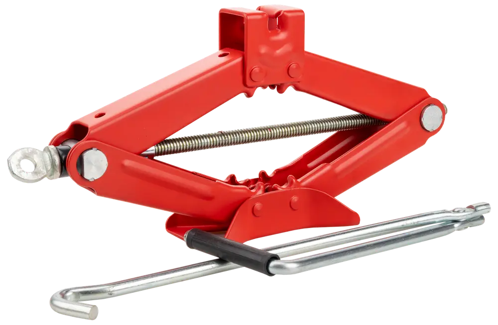 Röd saxdomkraft med metallvev. Stabil stålkonstruktion, gängad lyftskruv och kompakt design för enkel lyftning av fordon och däckbyte.