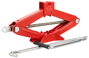 Rød sakseløfte donkraft med metalhåndtag. Robust stålkonstruktion, gevindspindel og kompakt design til nem løftning af køretøjer og dækskift.