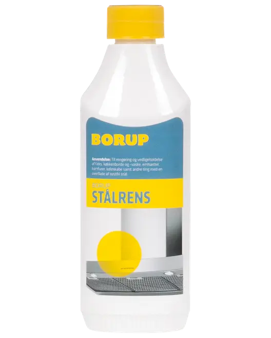 Borup stålrens i hvid plastflaske med gul låg og blå-gul etiket, velegnet til rengøring og vedligeholdelse af rustfri ståloverflader i køkken og apparater.