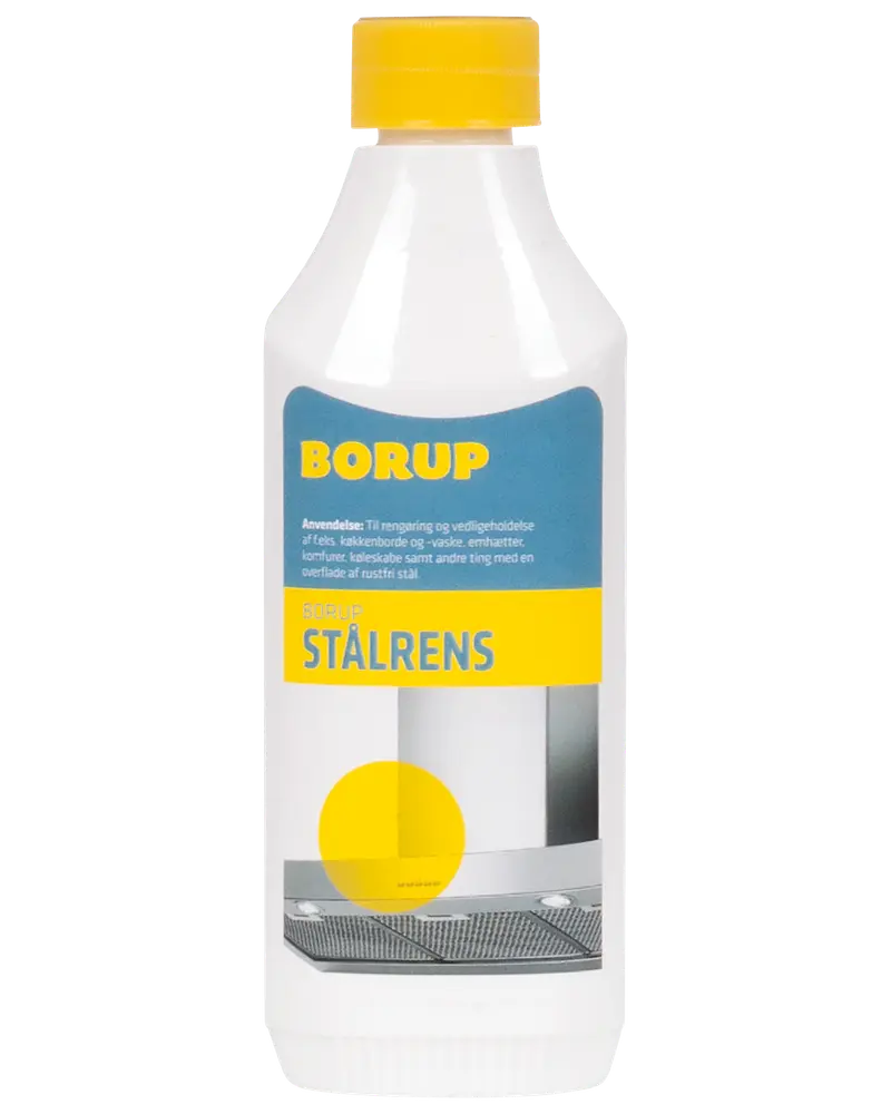 Borup stålrens i hvid plastflaske med gul låg og blå-gul etiket, velegnet til rengøring og vedligeholdelse af rustfri ståloverflader i køkken og apparater.