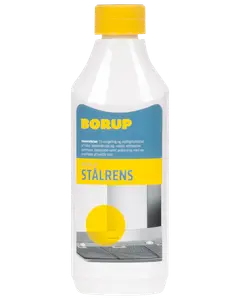 Borup stålrens i hvid plastflaske med gul låg og blå-gul etiket, velegnet til rengøring og vedligeholdelse af rustfri ståloverflader i køkken og apparater.