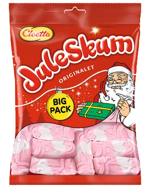 Stor rød pose Cloetta JuleSkum Original med lyserøde og hvide skumjulemænd. Pakken viser julemanden med gave og teksten 'BIG PACK' i en gul cirkel.