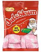 Stor rød pose Cloetta JuleSkum Original med lyserøde og hvide skumjulemænd. Pakken viser julemanden med gave og teksten 'BIG PACK' i en gul cirkel.