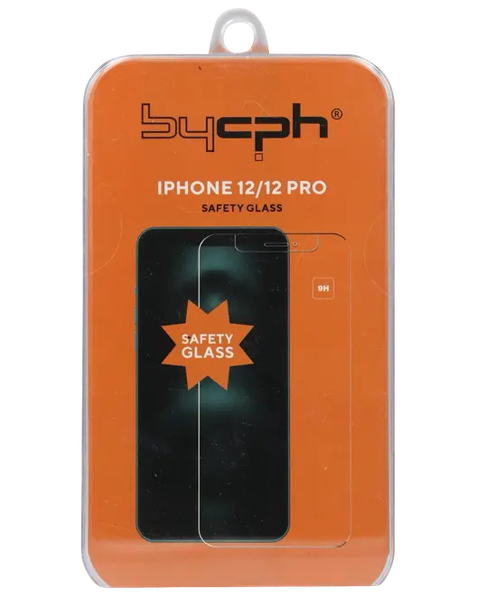 Hærdet sikkerhedsglas skærmbeskytter til iPhone 12/12 Pro. 9H hårdhed, klar, dækker hele skærmen. Leveres i orange emballage med produktbranding og illustration.