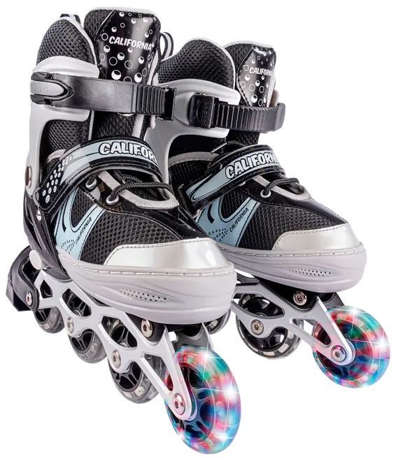 Sæt sorte og sølvfarvede inliners med justerbare stropper, åndbare mesh-paneler, solide rammer og forhjul med farverige LED-lys.