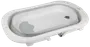 Hopfällbart babybadkar i vitt och grått med halkfri botten, integrerad avtappningsplugg och ergonomisk design. Passar för spädbarn och småbarn.