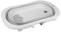 Hopfällbart babybadkar i vitt och grått med halkfri botten, integrerad avtappningsplugg och ergonomisk design. Passar för spädbarn och småbarn.
