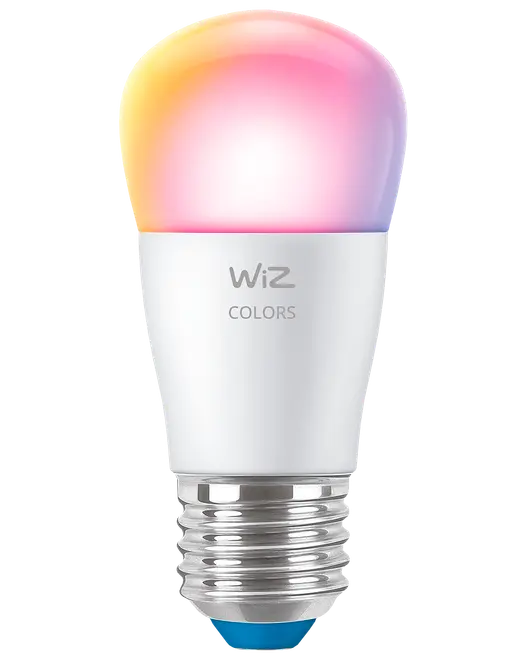 WiZ Colors smart LED-lampa med E27-sockel, vit kropp och flerfärgad topp. Justerbar färg och ljusstyrka, energieffektiv, appstyrd, modern design för smart belysning.