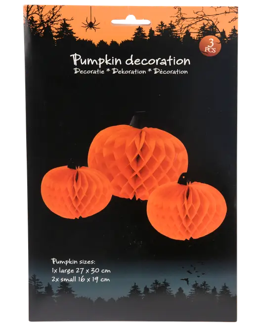 Sæt med 3 orange papirgræskar med bikagestruktur, inkluderer én stor (27x30 cm) og to små (16x19 cm), perfekte til Halloween eller efterårsdekoration.