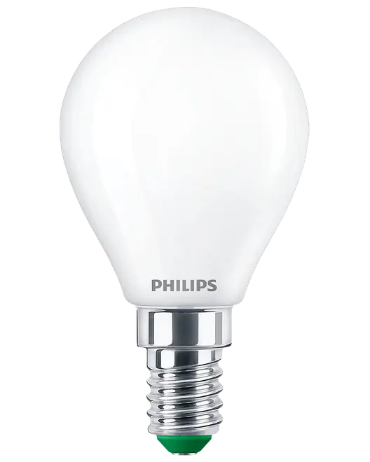 Philips LED-lampa med frostat vitt glas, rund standardform och metallisk skruvsockel. Energibesparande, passar för allmän belysning. Medelstor E27-sockel.