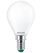Philips LED-lampa med frostat vitt glas, rund standardform och metallisk skruvsockel. Energibesparande, passar för allmän belysning. Medelstor E27-sockel.