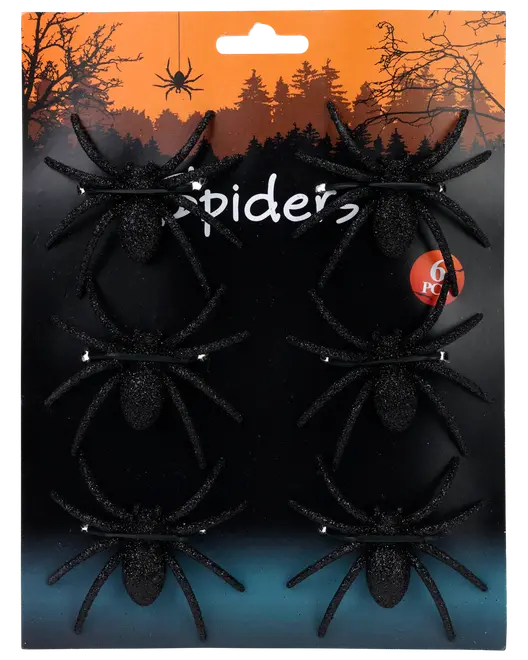 Set med sex svarta glittriga plastspindlar, var och en med åtta ben, fästa på ett displaykort. Perfekt för Halloween eller festdekoration.