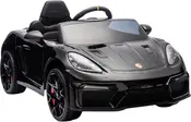 Sort elektrisk legetøjsbil til børn, designet som en Porsche sportsvogn, med detaljerede forlygter, realistiske hjul, sidespejle og sportsæde med rat.