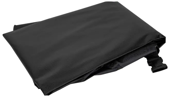 Sort foldbar vandtæt taske med tekstureret overflade og sikker spænde-lukning. Perfekt til beskyttelse af genstande mod fugt under rejser, camping eller udendørs aktiviteter.