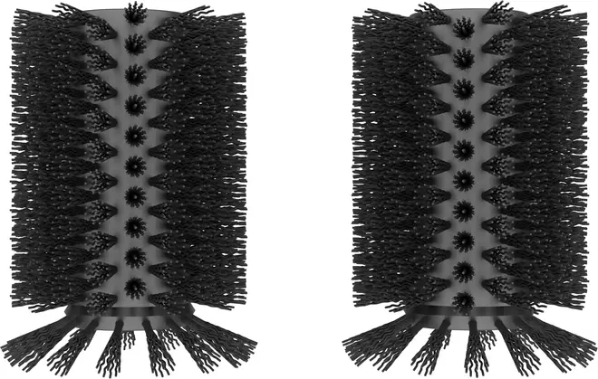 Sæt med to cylindriske sorte børstehoveder med tætte, skrå børster og åbne ender, designet til rengøring. Passer til kompatible rengøringsredskaber eller maskiner.