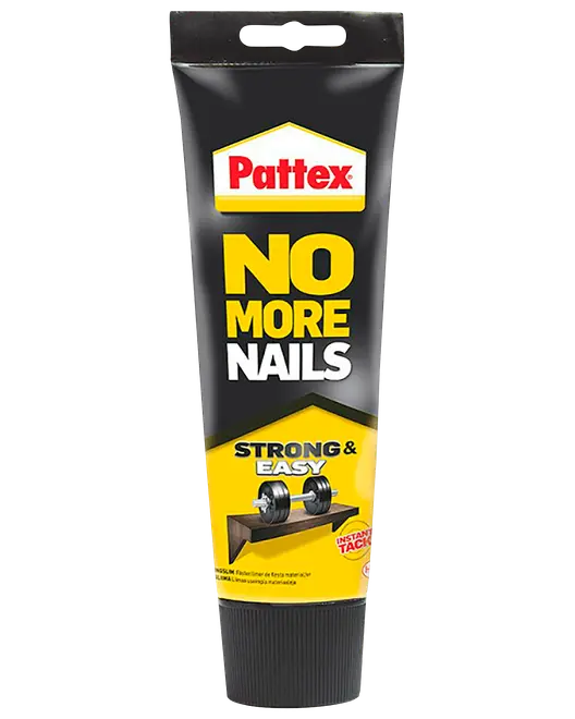 Pattex No More Nails Strong & Easy lim i sort og gul tube, til stærk montering uden søm.