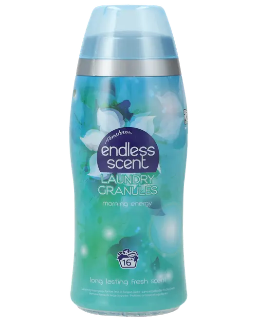 Blå flaske Endless Scent Laundry Granules, Morning Energy duft, med blomsterdesign. Indeholder til 16 vaske. Giver langvarig frisk duft til vasketøj. Klar hætte på toppen.