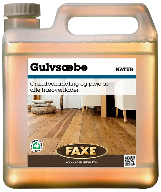 Plastdunk med Faxe gulvsæbe natur til grundbehandling og pleje af alle træoverflader. Velegnet til rengøring og vedligeholdelse af trægulve. Indendørs kvalitetsmærke på etiketten.