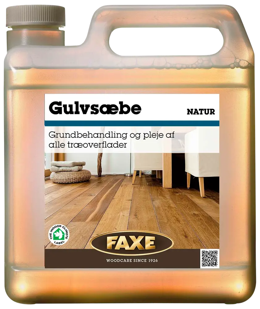 Plastdunk med Faxe gulvsæbe natur til grundbehandling og pleje af alle træoverflader. Velegnet til rengøring og vedligeholdelse af trægulve. Indendørs kvalitetsmærke på etiketten.