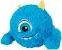 Blå plyssmonster-legetøj med ét stort glitrende øje, to gule horn, smilende mund med hvide tænder og blød, fluffy tekstur. Velegnet til børn og dekoration.