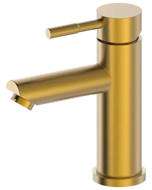 Moderne guldfarvet badeværelsesarmatur med cylindrisk krop, enkelt greb og mat finish. Elegant, minimalistisk design, der passer til moderne håndvaske og badeværelsesmøbler.