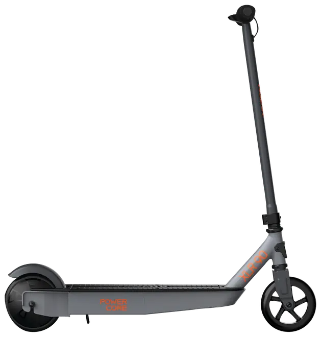 Elektrisk løbehjul med slankt gråt stel, sort fodplade og orange "Power Core" mærkning. Udstyret med to solide hjul, opretstående styr og lav profil til bykørsel.