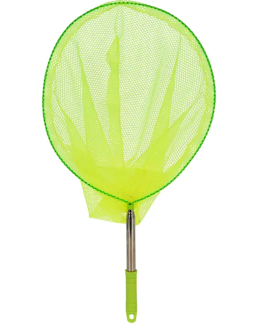 Lyst grønt fiskenet med rundt net-hoved og solidt metalhåndtag med behageligt grønt greb. Perfekt til fangst af små fisk eller vanddyr.