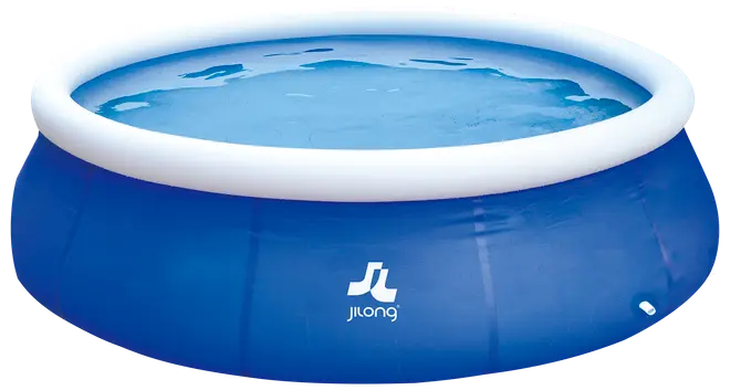 Rund, oppustelig pool til haven med blå sider og hvid topkant, fyldt med vand. JiLong-logo på siden. Velegnet til familiebrug udendørs.