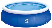 Rund, uppblåsbar pool med blå sidor och vit ovankant, fylld med vatten. JiLong-logotyp på sidan. Passar för familjebruk utomhus.