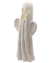 Hvid keramisk spøgelsesfigur med flagrende kåbeform, løftede arme og øjne samt mund i guldfarve.