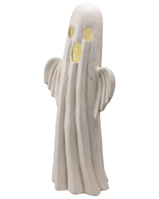 Hvid keramisk spøgelsesfigur med flagrende kåbeform, løftede arme og øjne samt mund i guldfarve.