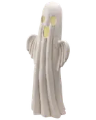 Hvid keramisk spøgelsesfigur med flagrende kåbeform, løftede arme og øjne samt mund i guldfarve.