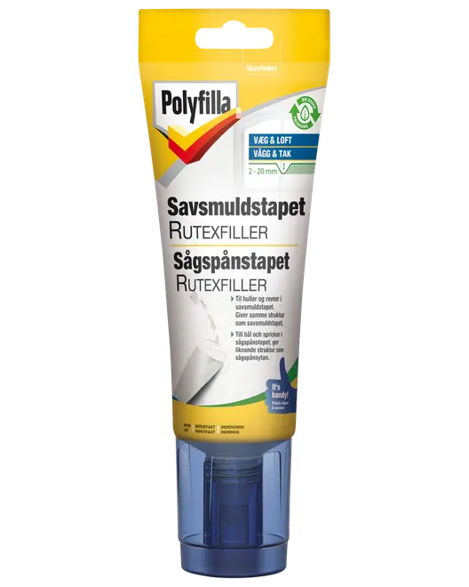 Polyfilla savsmuldstapet rutexfiller i gul tube, til reparation af huller og revner i savsmuldstapet. Til indendørs brug, nem påføring med medfølgende applikator.