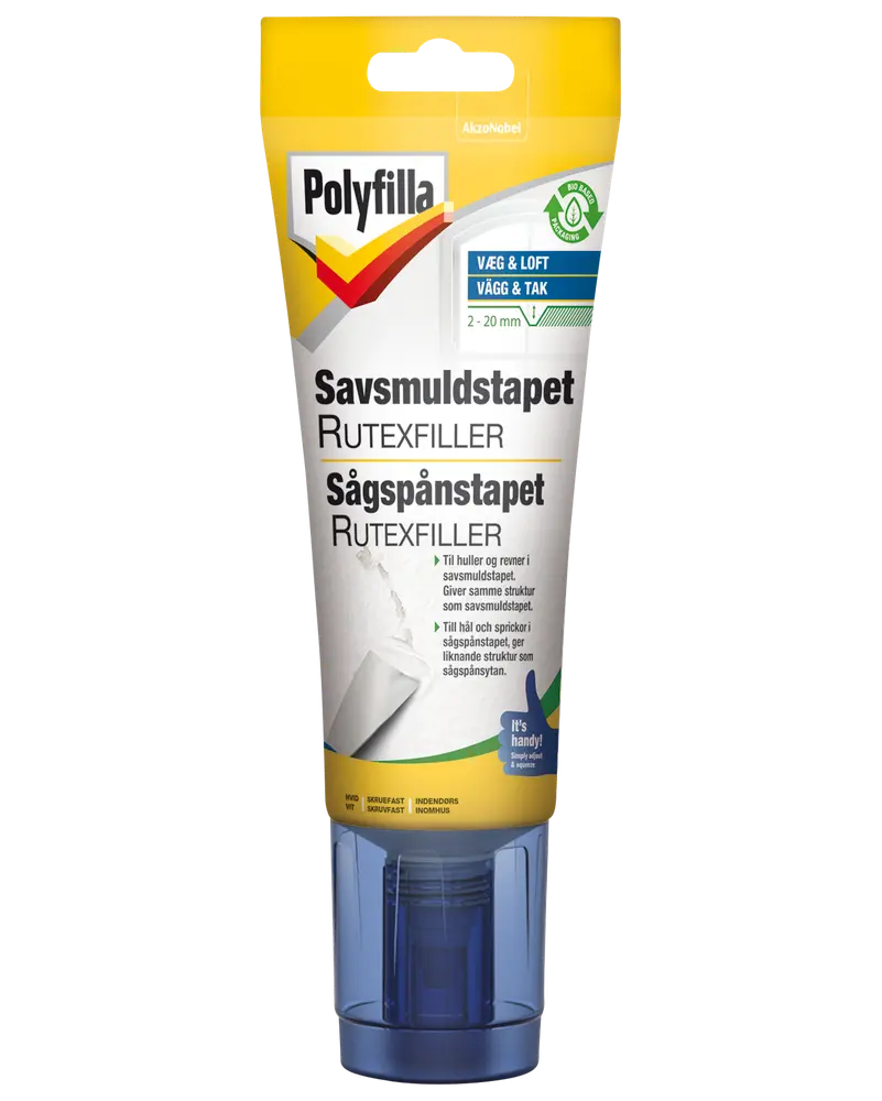 Polyfilla savsmuldstapet rutexfiller i gul tube, til reparation af huller og revner i savsmuldstapet. Til indendørs brug, nem påføring med medfølgende applikator.