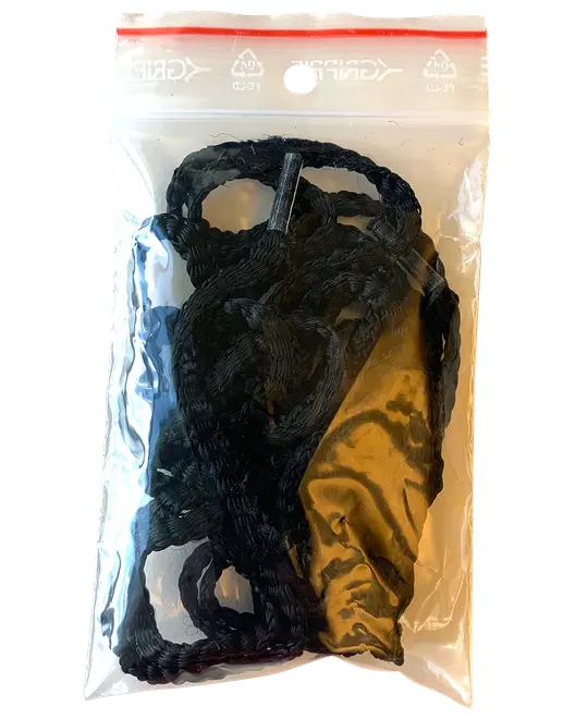 Sorte nylonophængningsstropper til hængekøje med flere løkker, pakket i en gennemsigtig genlukkelig plastpose. Velegnet til sikker ophængning af hængekøjer. Let og bærbar.