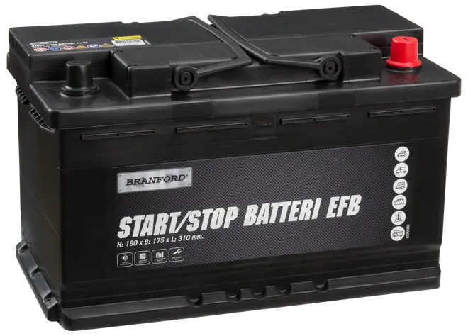 Sort Branford Start/Stop EFB bilbatteri, rektangulær form, mærket med dimensioner 190x175x310 mm, to poler, velegnet til biler med start/stop-teknologi.