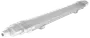 Lang, hvid LED-armatur med matteret diffuser, robust plastkabinet og metalbeslag. Velegnet til industrielt eller kommercielt brug, giver jævn og kraftig belysning.