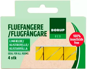 Borup Eco flugfångare, 4-pack klisterfällor, gula remsor, 100% insektsmedelsfria, passar alla rum, miljövänlig förpackning med fönster som visar produkten.
