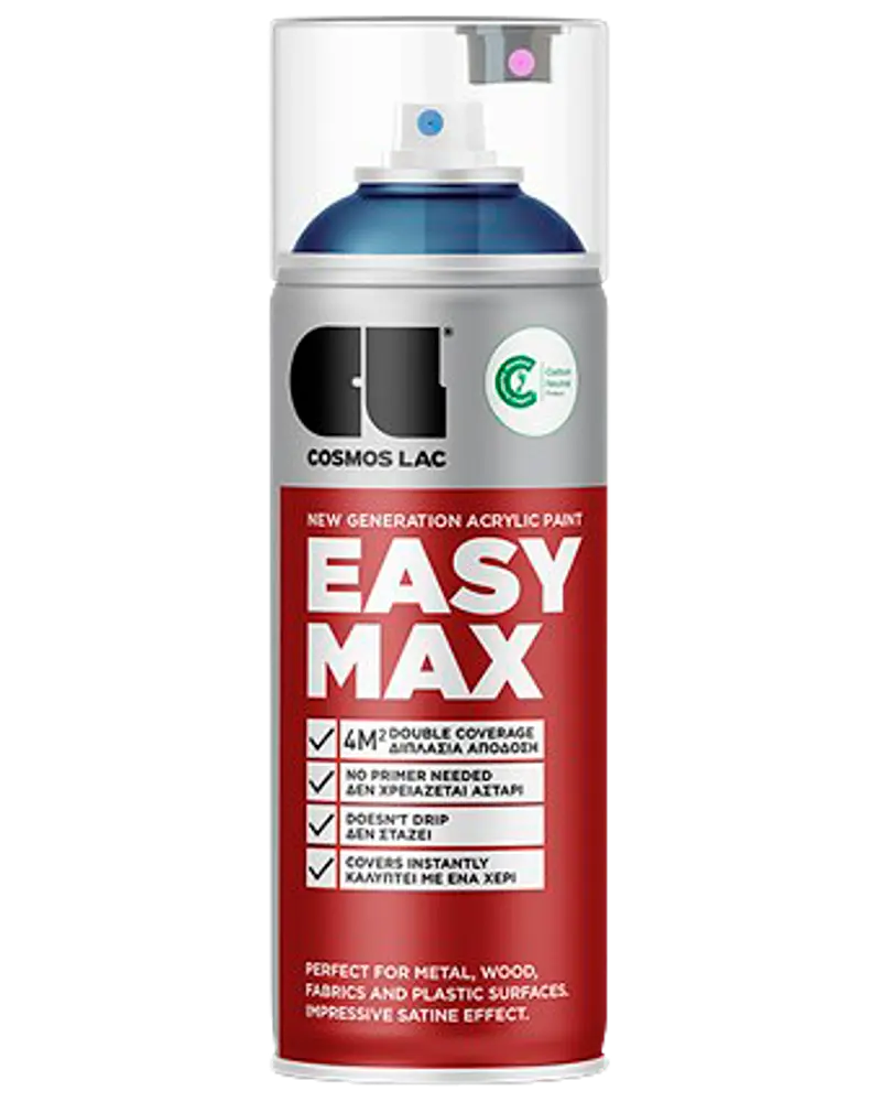 Cosmos Lac Easy Max akrylspraymaling, 400 ml dåse, egnet til metal, træ, stof og plast. Giver dobbelt dækning, øjeblikkelige resultater og satinfinish.
