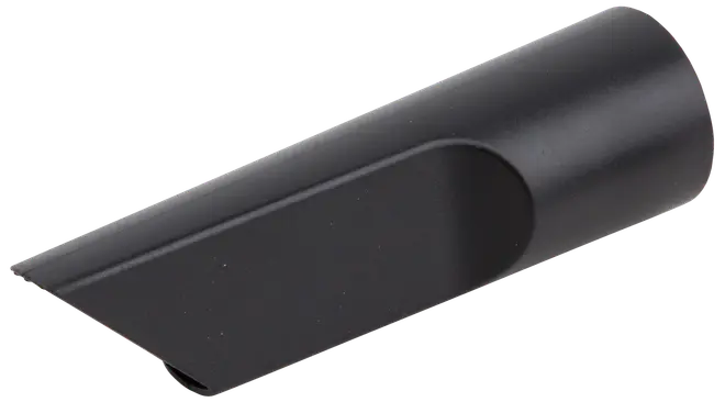 Svart plastmunstycke för dammsugare med smal, vinklad spets för rengöring av trånga utrymmen, hörn och kanter. Passar vanliga dammsugarslangar.