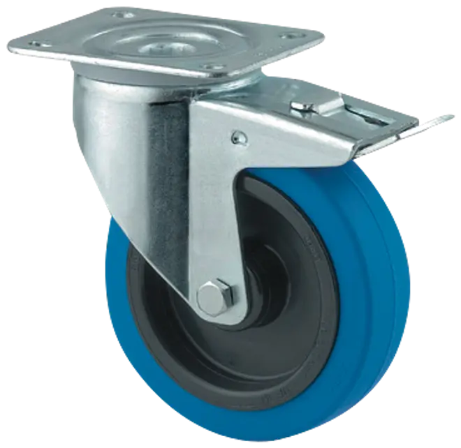 Drejeligt hjul med blå gummidæk, metalmonteringsplade og integreret bremse. Velegnet til vogne eller udstyr, giver jævn bevægelse og sikker låsning. Robust konstruktion.