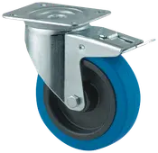 Svängbar hjul med blått gummidäck, metallfäste och integrerad broms. Passar vagnar eller utrustning, ger smidig rörelse och säker låsning. Hållbar konstruktion.