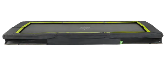 Rektangulær sort trampoline med limegrøn kantpolstring og robuste sidekanter, vist foldet fladt.