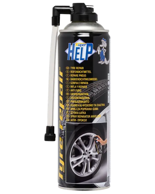Dåse med Super Help dæk-reparationsspray med fastgjort slange, beregnet til nødreparationer. Etiket med flersprogede instruktioner og billede af brug på bilhjul.