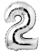 Stor sølvfarvet folieballon formet som tallet 2, med skinnende metallisk overflade og synlige samlinger, ideel til fester, fødselsdage eller fejringer.