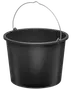 Sort plastikspand med solidt metalhåndtag, rund form, bred åbning og forstærket kant. Velegnet til rengøring, vandtransport eller husholdningsbrug.