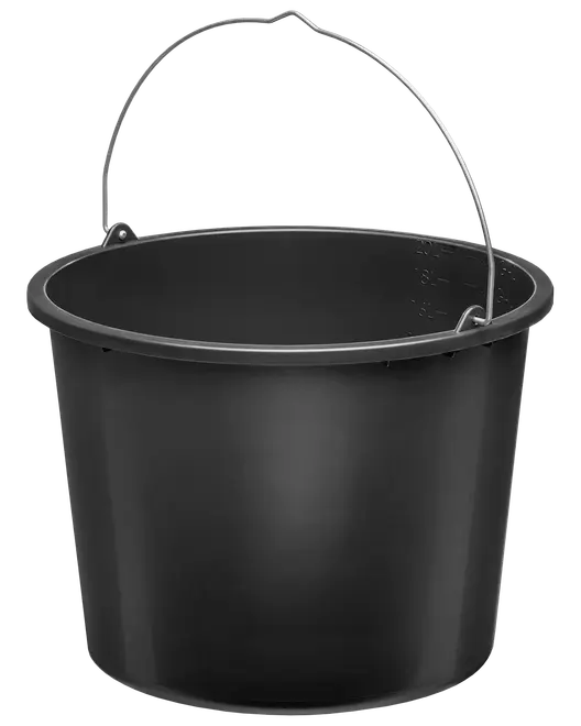Sort plastikspand med solidt metalhåndtag, rund form, bred åbning og forstærket kant. Velegnet til rengøring, vandtransport eller husholdningsbrug.
